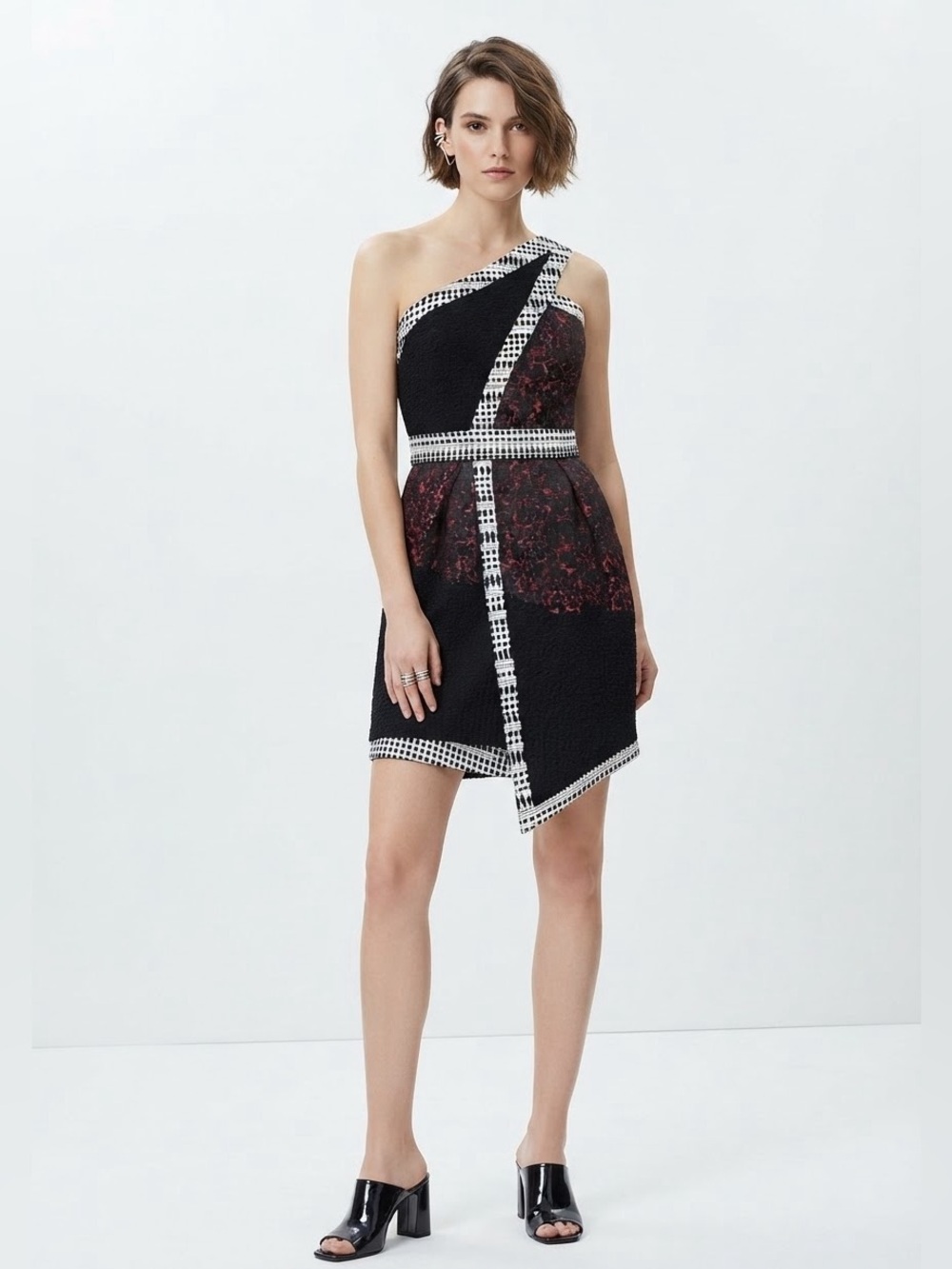 Zara Asymmetrical One Shoulder Mini Dress Mixed Print Architectural Art Deco